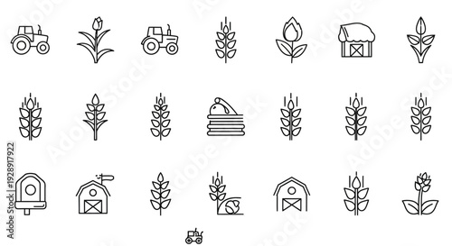 Farming Icons Set: Tractor, Wheat, Barn, Seedling, Hay Bale, Birdhouse