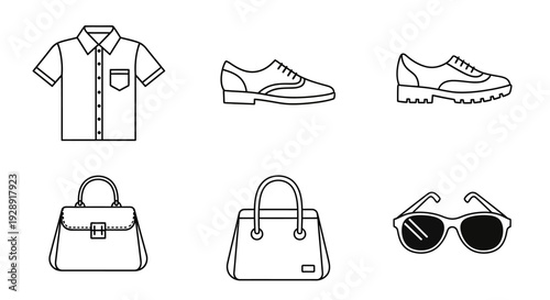 Fashion Icons: Shirt, Shoes, Bags, Sunglasses - Outline Style