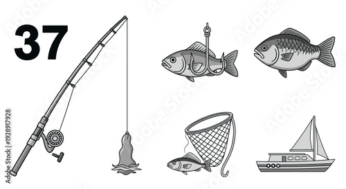 Fishing Rod, Fish, Net, and Sailboat - Vector Illustration Set