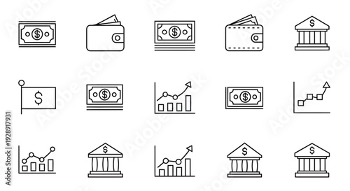 Financial Icons Set: Money, Wallet, Bank, Graph - Hand Drawn Style