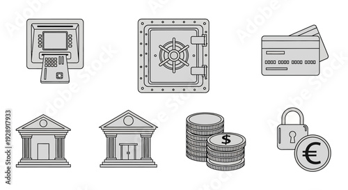 Financial Icons: ATM, Safe, Credit Card, Bank, Coins, Lock