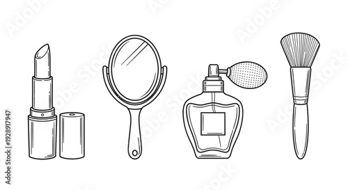 Hand-drawn makeup and beauty essentials: lipstick, mirror, perfume, brush