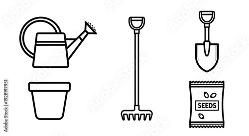 Gardening Tools Icon Set: Watering Can, Pot, Rake, Shovel, Seeds