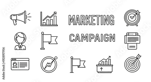 Marketing Campaign Icons: Megaphone, Target, Graph, Id Card, Flag, Printer