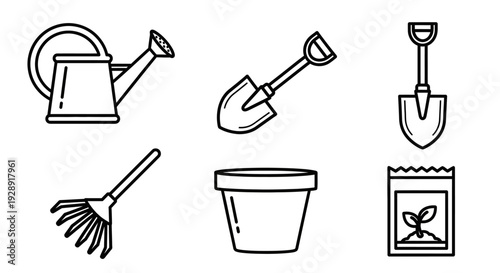 Gardening Tools Icon Set: Watering Can, Shovel, Rake, Pot, Seed Packet