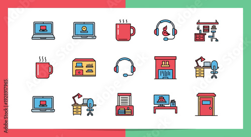 Home Office Icons: Laptop, Desk, Coffee, Headphones, and More