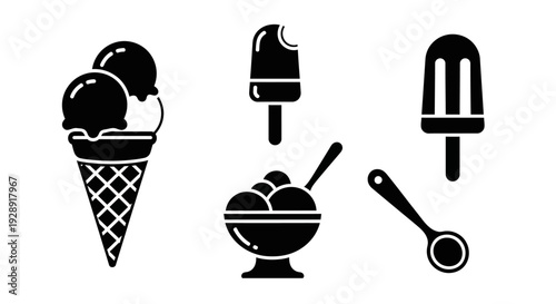 Ice Cream Icons Set: Cone, Bowl, Popsicle, Spoon - Black and White Vector