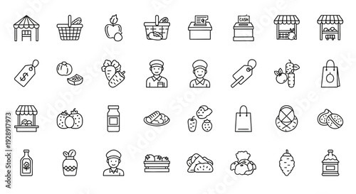 Market Stall Icons: Food, Produce, Shopping, and Vendors - Line Art Collection