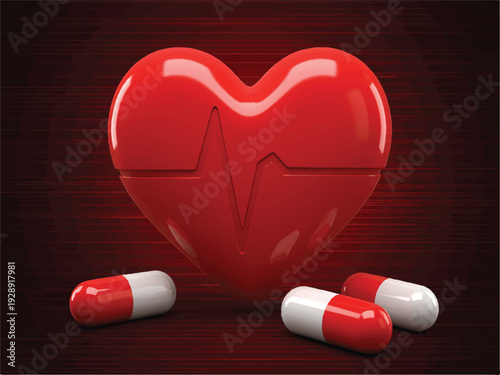 Red heart with electrocardiogram line and red and white capsules on dark background