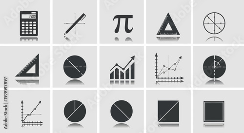 Math and Science Icons: Calculator, Pi, Graphs, Geometry Shapes