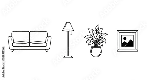 Minimalist Living Room Icons: Sofa, Lamp, Plant, and Picture Frame