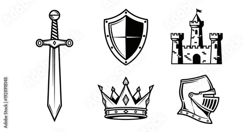 Medieval Knights Symbols: Sword, Shield, Castle, Crown, Helmet Icon Set