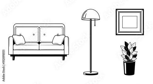 Minimalist living room interior design, line art sofa, lamp, plant and picture frame