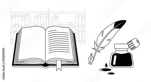 Open Book and Quill Pen with Inkwell, Library Background