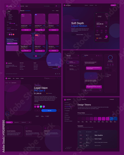"A sophisticated and immersive dark-mode UI design system utilizing a deep purple and neon violet color palette. The visual mood is sleek, futuristic, and premium, characterized by high-contrast 