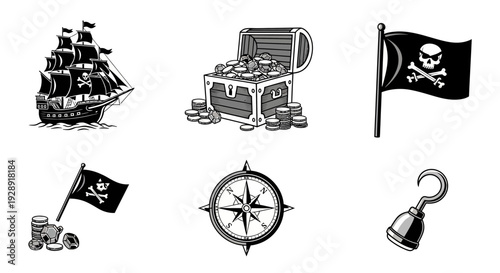 Pirate Ship, Treasure Chest, Jolly Roger Flag, Compass, Hook and Coins