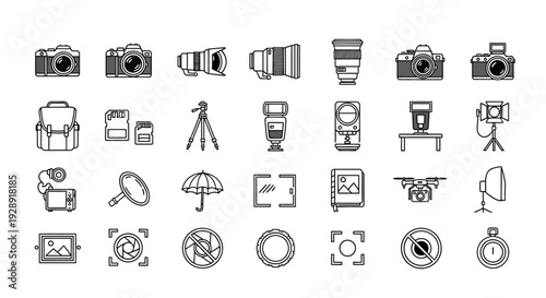 Photography Icons Set: Cameras, Lenses, Accessories, Equipment, and Tools