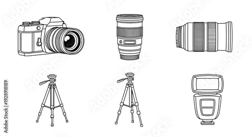 Photography Equipment Set: Camera, Lenses, Tripods, Flash - Line Art Icons