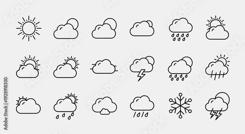 Weather Icons Set: Sun, Clouds, Rain, Snow, Thunderstorm, Fog, Forecast