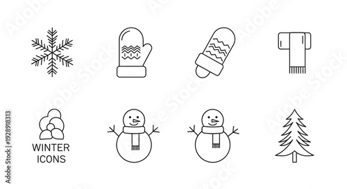 Winter Icons Set: Snowflake, Mittens, Scarf, Snowman, Pine Tree