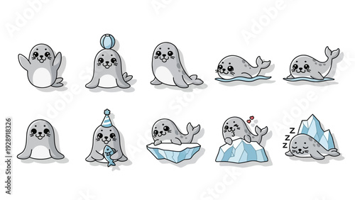 Cute cartoon baby seals in various poses and activities, isolated on white background.