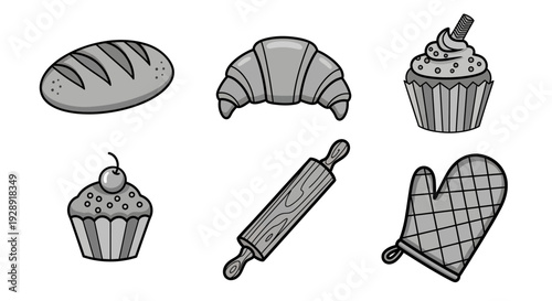 Bakery Icons: Bread, Croissant, Cupcakes, Rolling Pin, Oven Mitt