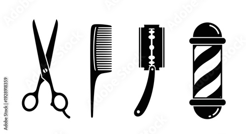 Barber Shop Icons: Scissors, Comb, Razor, and Barber Pole - Black Silhouettes