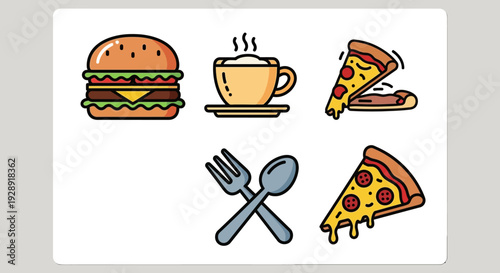 Burger, Coffee, Pizza, Flatware Icons Set: Fast Food and Drink Collection