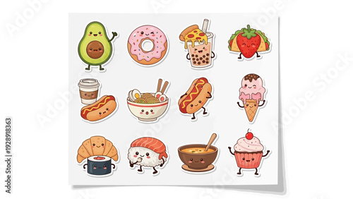 Cute cartoon food characters set with avocado, donut, pizza, taco, coffee, hot dog, ramen, ice cream, croissant, sushi, soup, and cupcake.