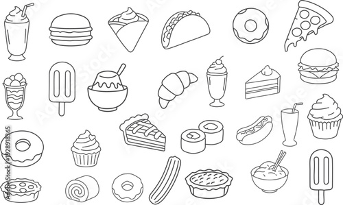 Collection of black line fast food icons featuring burger, pizza, hot dog, fries, ice cream and muffin in a simple minimalist out line style. Ideal for menu or graphic design, Vector illustration