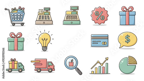 Set of colorful flat line icons for online shopping, e-commerce, and business transactions, including cart, cash register, gifts, and delivery.
