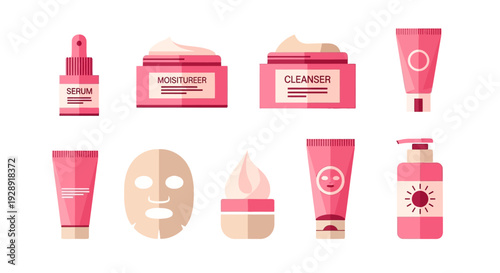 Beauty Skincare Products Set: Serum, Moisturizer, Cleanser, Mask, Cream
