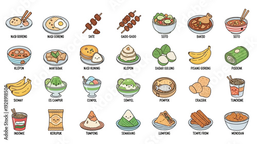 Set of various Asian food and dessert dishes, including satay, noodles, and sweets, in a cute cartoon style.