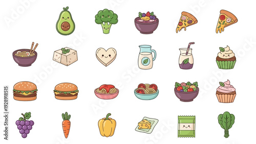 Collection of cute and colorful vegan food illustrations, including fruits, vegetables, and plant-based meals.