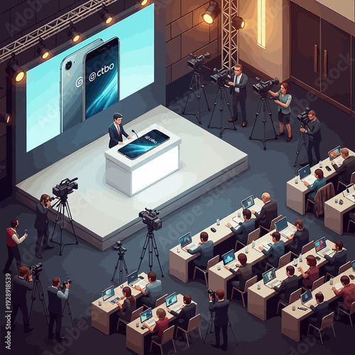 A speaker presenting a new smartphone at a technology press conference.