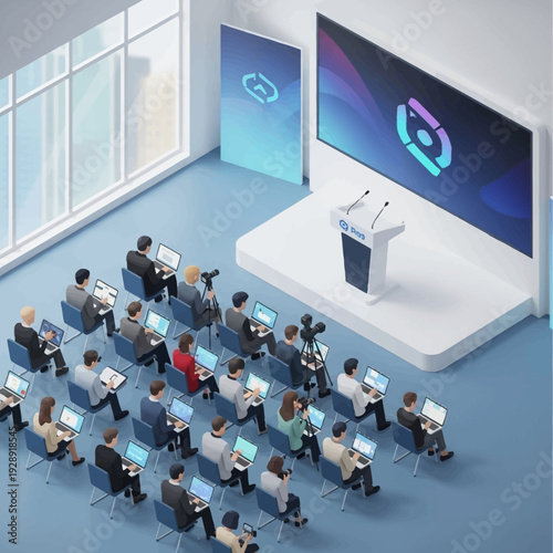 Audience attending a business conference or presentation in a modern setting.