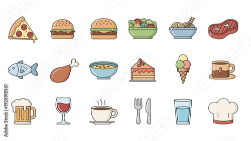 Collection of various food and drink icons in a colorful, flat design style, perfect for menus or culinary themes.