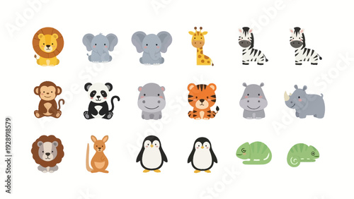Collection of cute cartoon baby animals including lion, elephant, giraffe, zebra, monkey, panda, hippo, tiger, rhino, kangaroo, penguin, and chameleon.