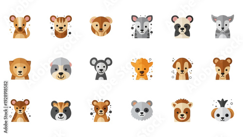 Collection of various animal faces and heads in a flat design style, perfect for avatars or icons.