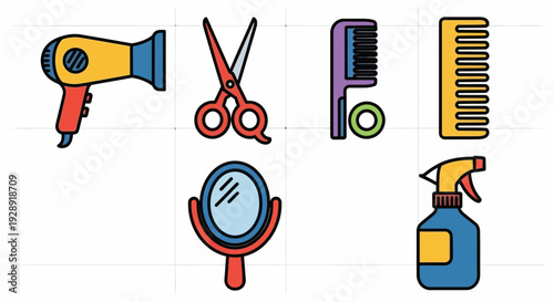 Hair Salon Tools Flat Icons Set: Hairdryer, Scissors, Combs, Mirror, Sprayer