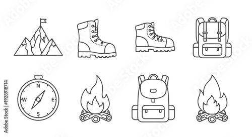 Hiking and Camping Icons Set: Mountain, Boots, Backpacks, Compass, Campfire
