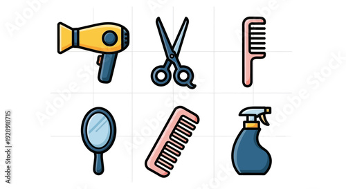 Hair Salon Tools Icons: Hair Dryer, Scissors, Comb, Mirror, Spray Bottle