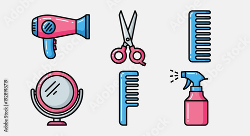 Hairdressing Tools Icon Set: Dryer, Scissors, Combs, Mirror, Sprayer