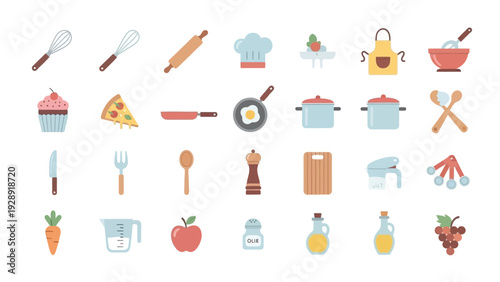 Collection of various cooking and kitchen utensils, food items, and ingredients in a flat design style.