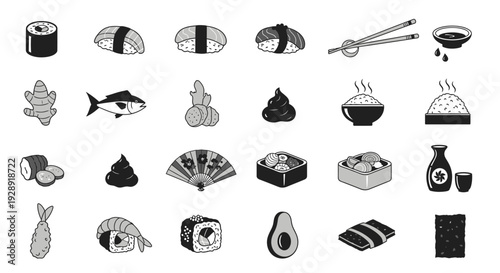 Japanese Sushi Food Icons Set: Vector Illustrations of Popular Dishes and Ingredients