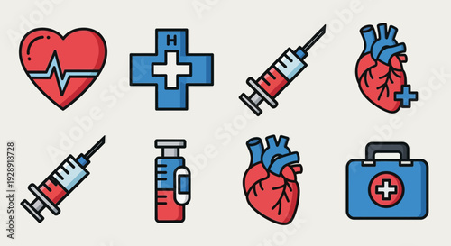 Medical Icons: Heartbeat, Cross, Syringe, Heart, First Aid Kit