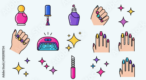 Nail Care Icons: Manicure Set, Gel Lamp, Polishes, Sparkling Beauty