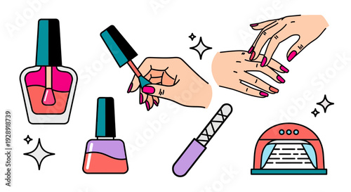 Nail Care and Manicure Set: Polish Bottles, Hands, File, and UV Lamp