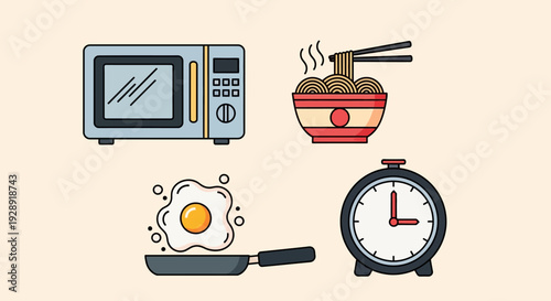 Microwave, Noodles, Fried Egg, and Clock Icons - Quick Meal Concept