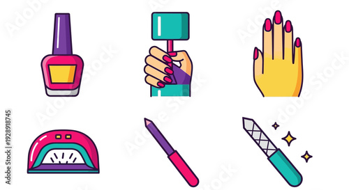 Nail Care Icons: Polish bottle, hand, lamp, files, beauty salon tools